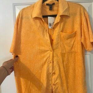 Forever 21 Vibrant Orange Casual Button Down Shirt - Terry fabric